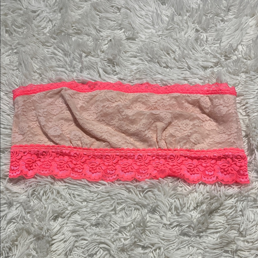 PINK Victoria's Secret Nude Lace Bandeau with Neon Pink Trim
